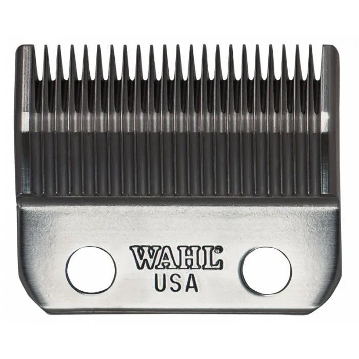 Silver and black Wahl 01006 two-hole standard clipper blade, front view