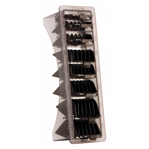 Wahl organizer tray holding eight black clipper guide combs