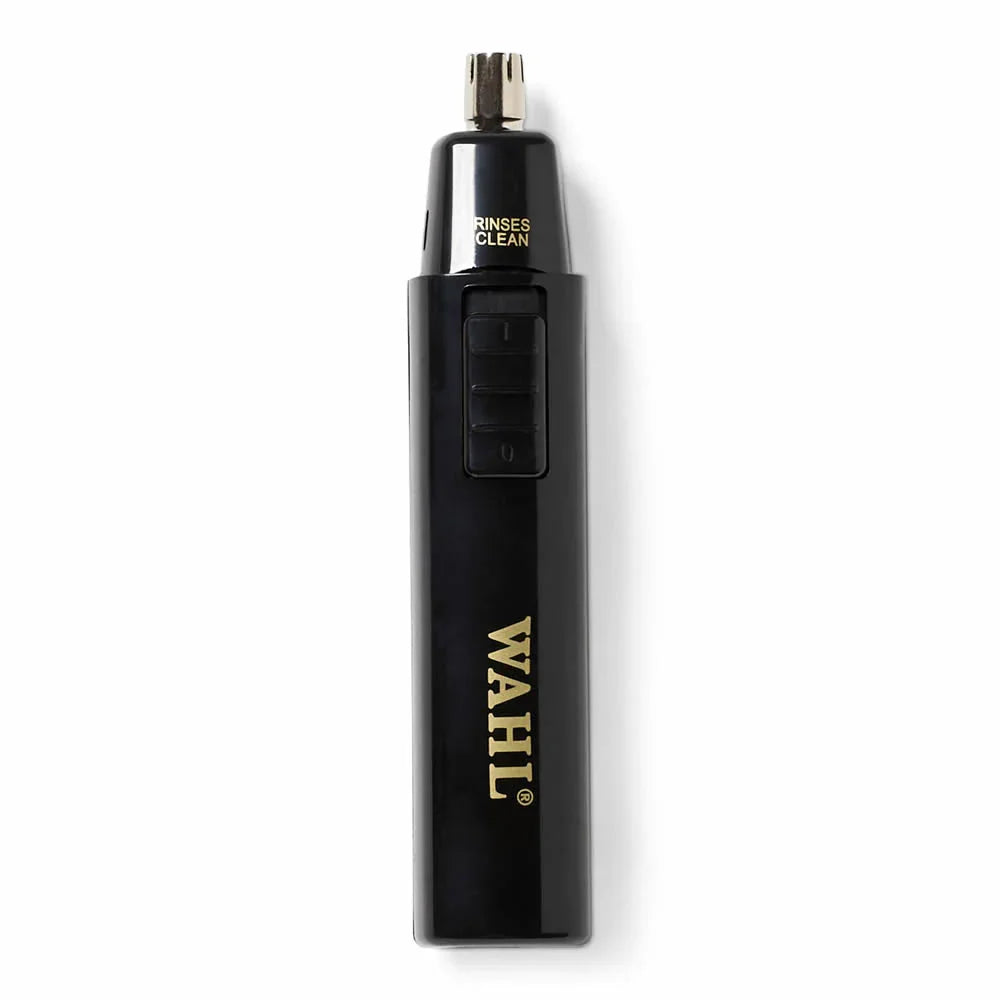 Black and gold Wahl 05560-700 wet-dry nose hair trimmer, front view