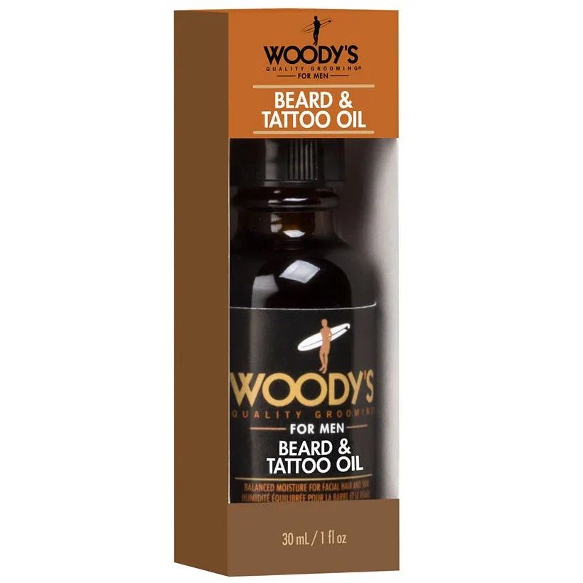 Amber Woody's Beard and Tattoo Oil 1 oz bottle in orange box