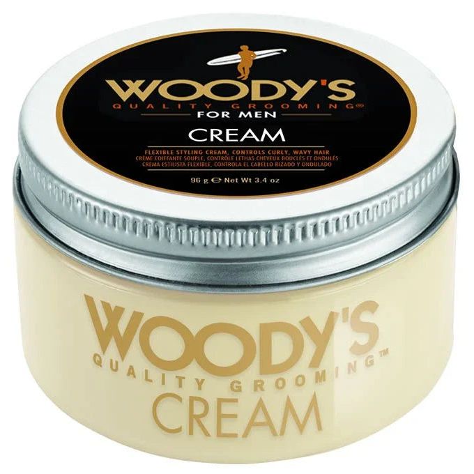 Clear jar of Woody's Hair Styling Cream 3.4 oz with silver lid