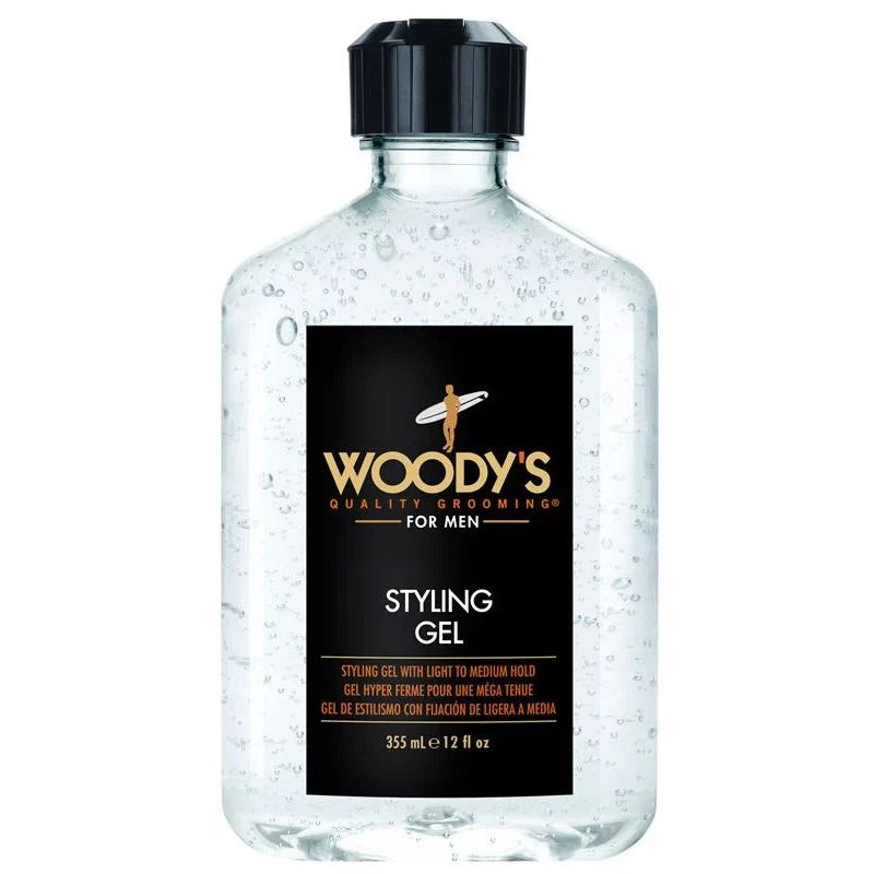 Clear Woody's Hair Styling Gel 12 oz bottle with black label