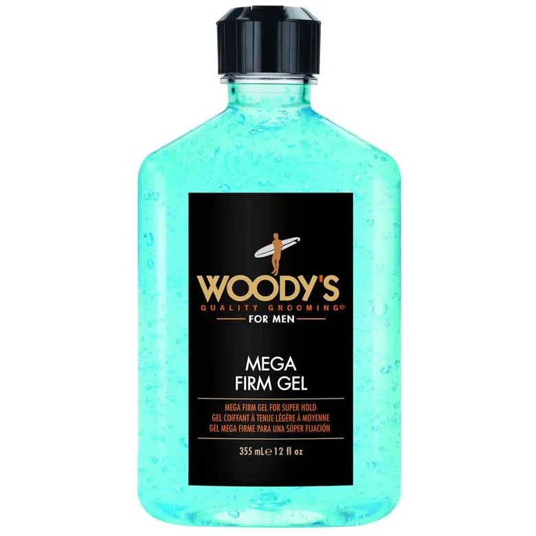 Turquoise Woody's Mega Firm Gel 12 oz bottle with black label
