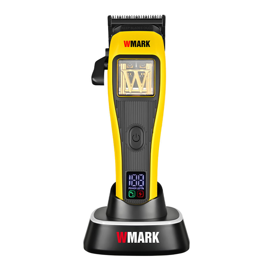 Yellow-and-black WMARK NG-X1 PLUS cordless clipper on charging stand