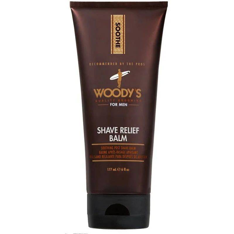 Brown Woody's Shave Relief Balm 6 oz squeeze tube with black cap