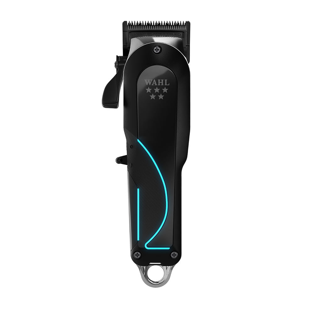 Black Wahl Senior 2.0 cordless clipper with blue accent, front view