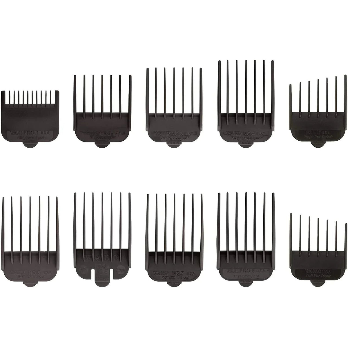 Ten black Wahl 3173-500 clipper guide comb attachments in two rows