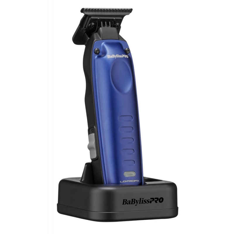 BaBylissPRO FX72 blue Compact LO-PROFX trimmer on stand, three-quarter view