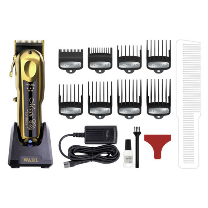 Gold Wahl Magic Clip 8148-700 with charging stand, eight cutting guides, comb, power supply, oil, brush and blade guard