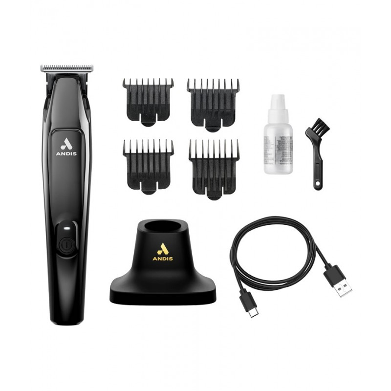 Andis Slimline Pro II kit with four combs, oil, brush, USB-C cable and charging stand