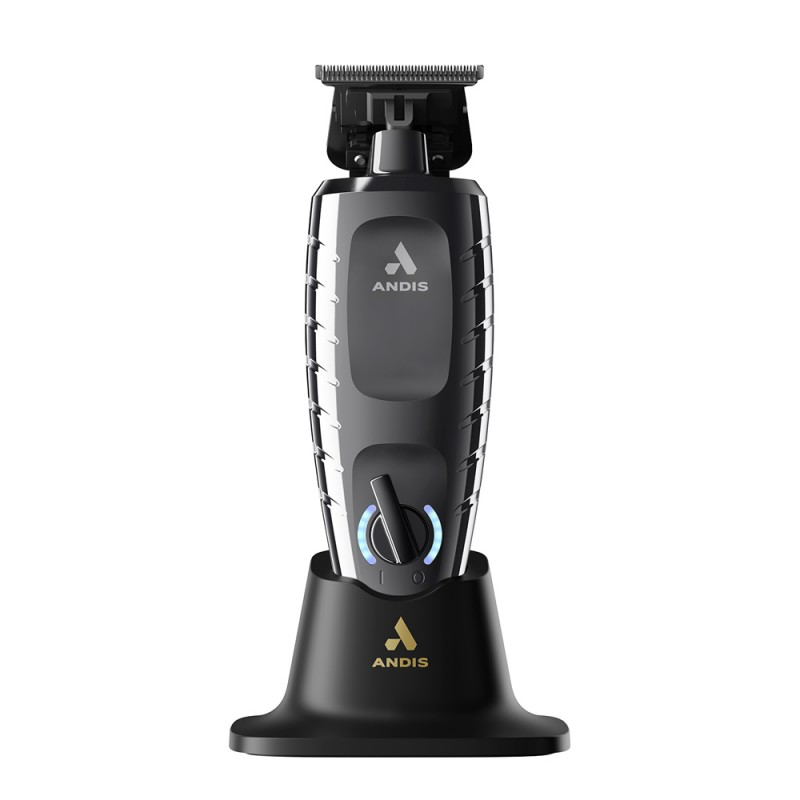 Andis GTX-EXO II black-chrome trimmer on charging stand