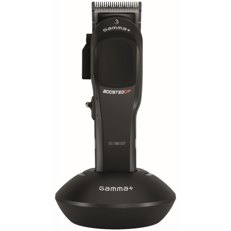 Gamma+ Boosted Up black cordless clipper on charging stand