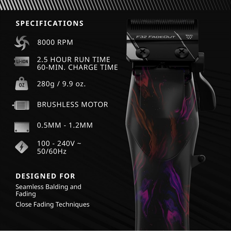 Wahl 5 Star Vapor clipper specifications graphic with motor and runtime details