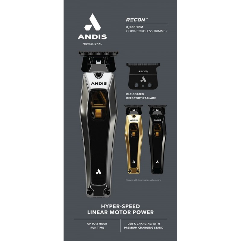 Andis reCON trimmer with black-chrome, gold and matte-black interchangeable housings