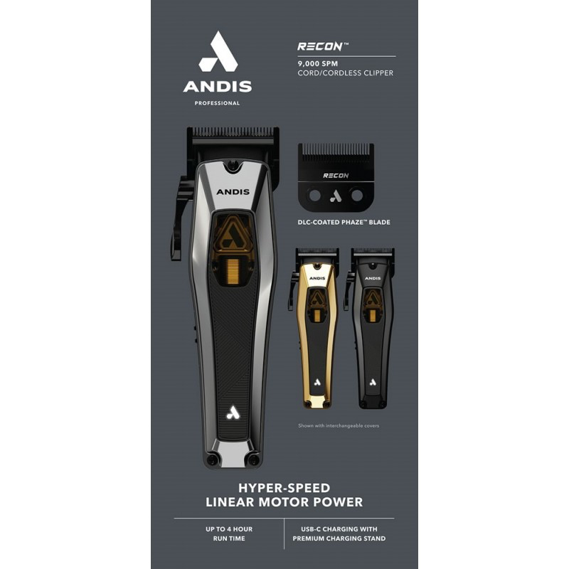 Andis reCON clipper with black-chrome, gold and matte-black interchangeable housings