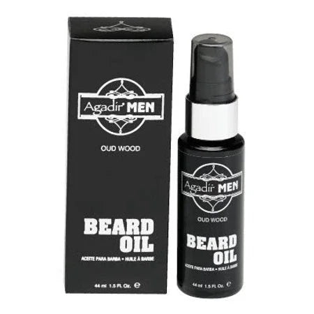 Black Agadir Men Beard Oil 1.5 oz pump bottle beside retail box