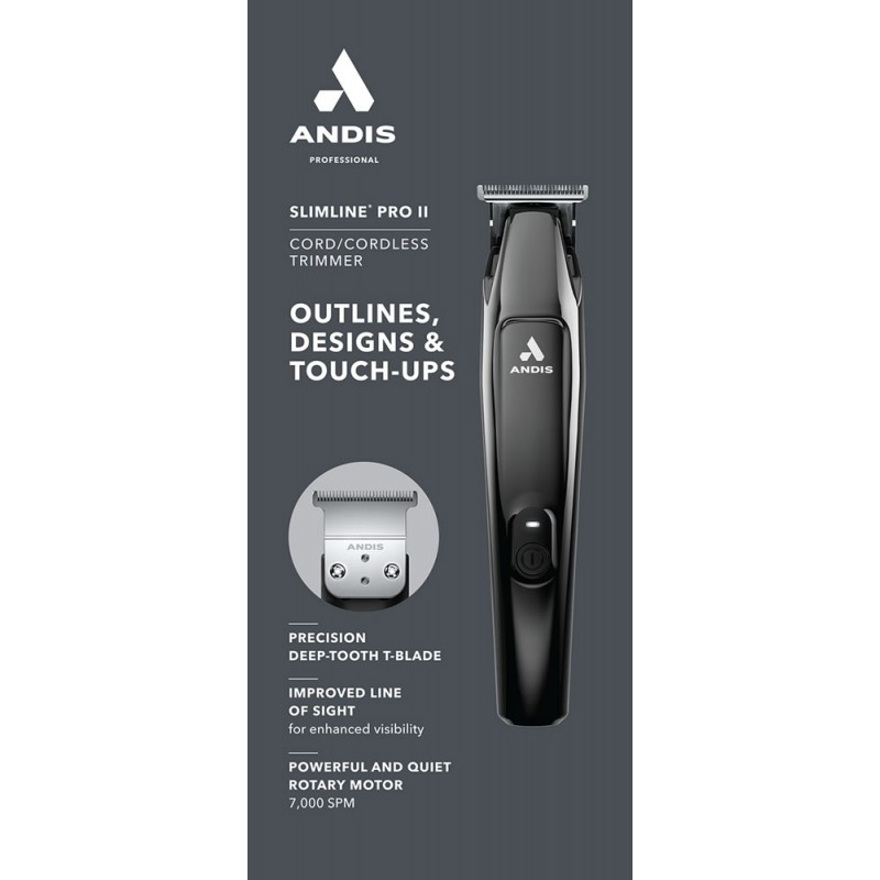 Andis Slimline Pro II trimmer detail-work and slim-grip feature graphic