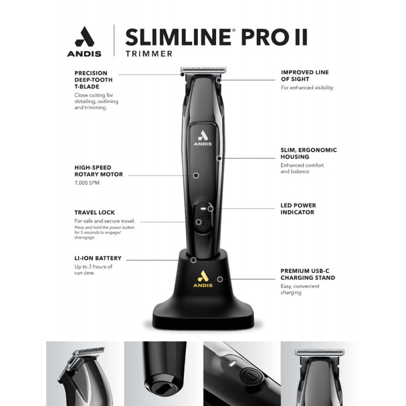 Andis Slimline Pro II trimmer feature overview with stand and product details