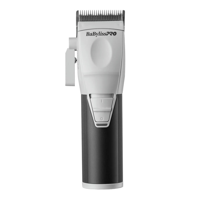 Silver-and-black BaBylissPRO CoreFX FX86 cordless clipper, front view