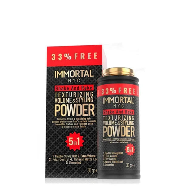 Black and red Immortal Volume and Styling Powder 30 g bottle and box