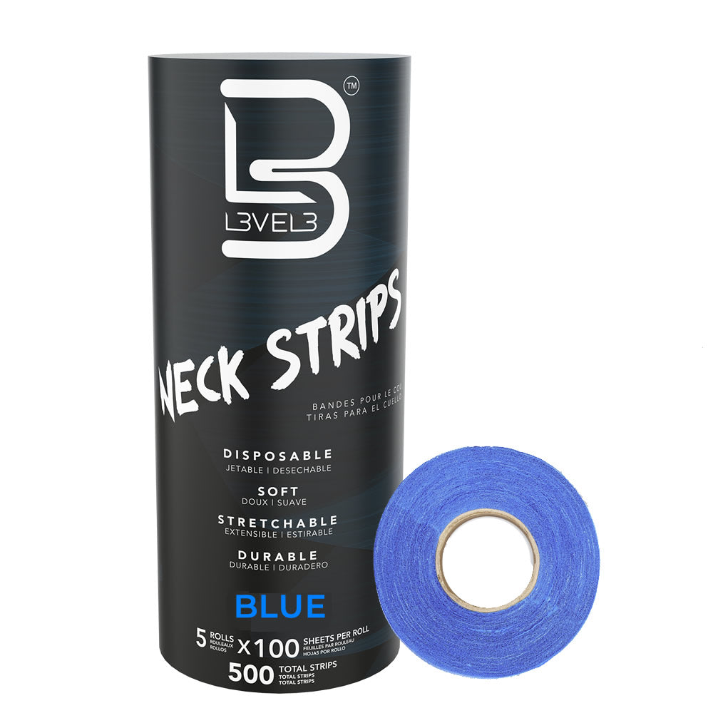 L3VEL3 Blue Neck Strips — upright five-roll branded package with blue roll, 500 sheets