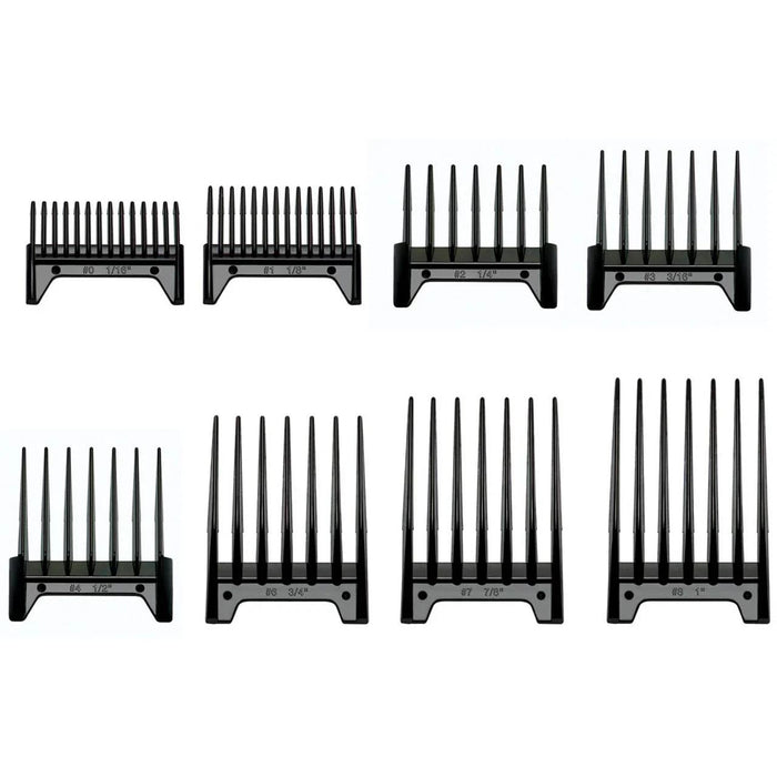 Eight black Oster Fast Feed attachment combs arranged in two rows