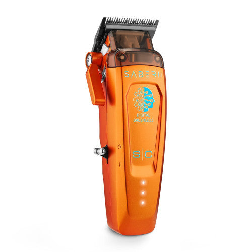 Orange StyleCraft Saber 2.0 SC617O clipper, angled view