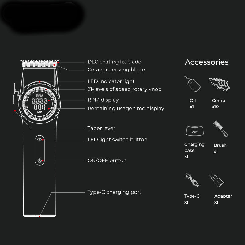 VGR V-001 Stepless Pro Cordless Clipper | Black — included items