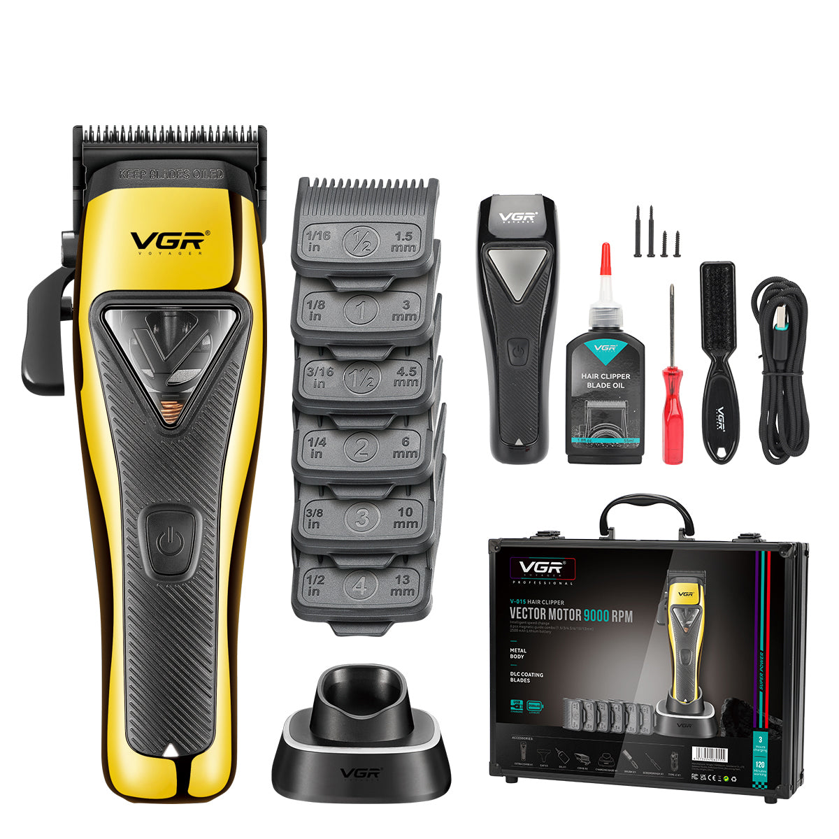 VGR V-015 Vector Cordless Clipper | Gold — included items