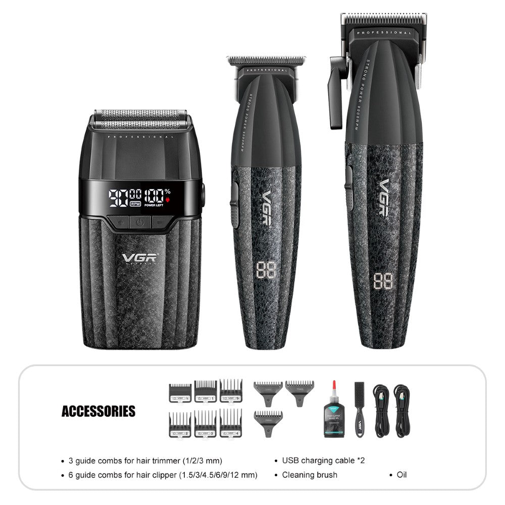 VGR V-640S3 Pro Clipper, Trimmer & Shaver Trio | Black — included items