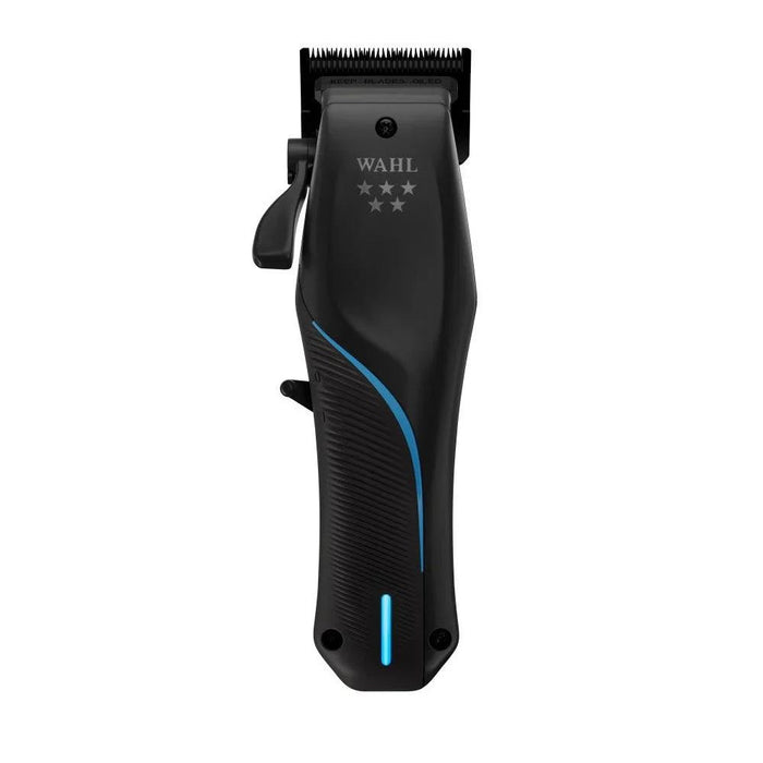 Black Wahl 5 Star Vapor 3026480 cordless clipper with blue accent, front view