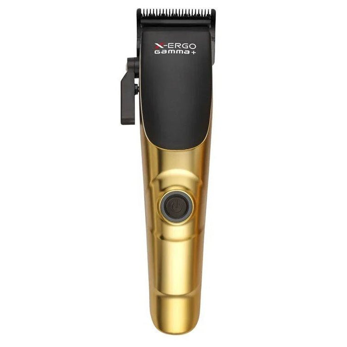 Gold-and-black Gamma+ X-Ergo HCGPXERGOMS cordless clipper, front view