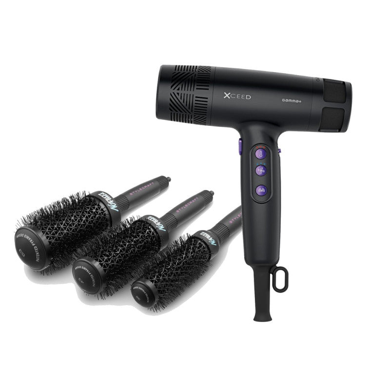 Gamma+ Xceed Hair Dryer GP115B with Three No Frizz Brushes — product and package view