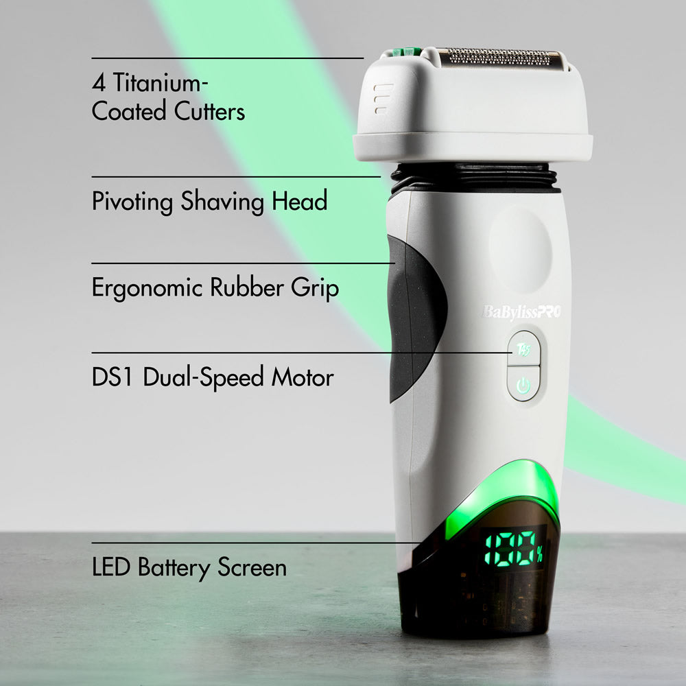 BaBylissPRO x Tomb45 White Double-Foil Shaver #FXT45FSTW — detail and supplied package view 3