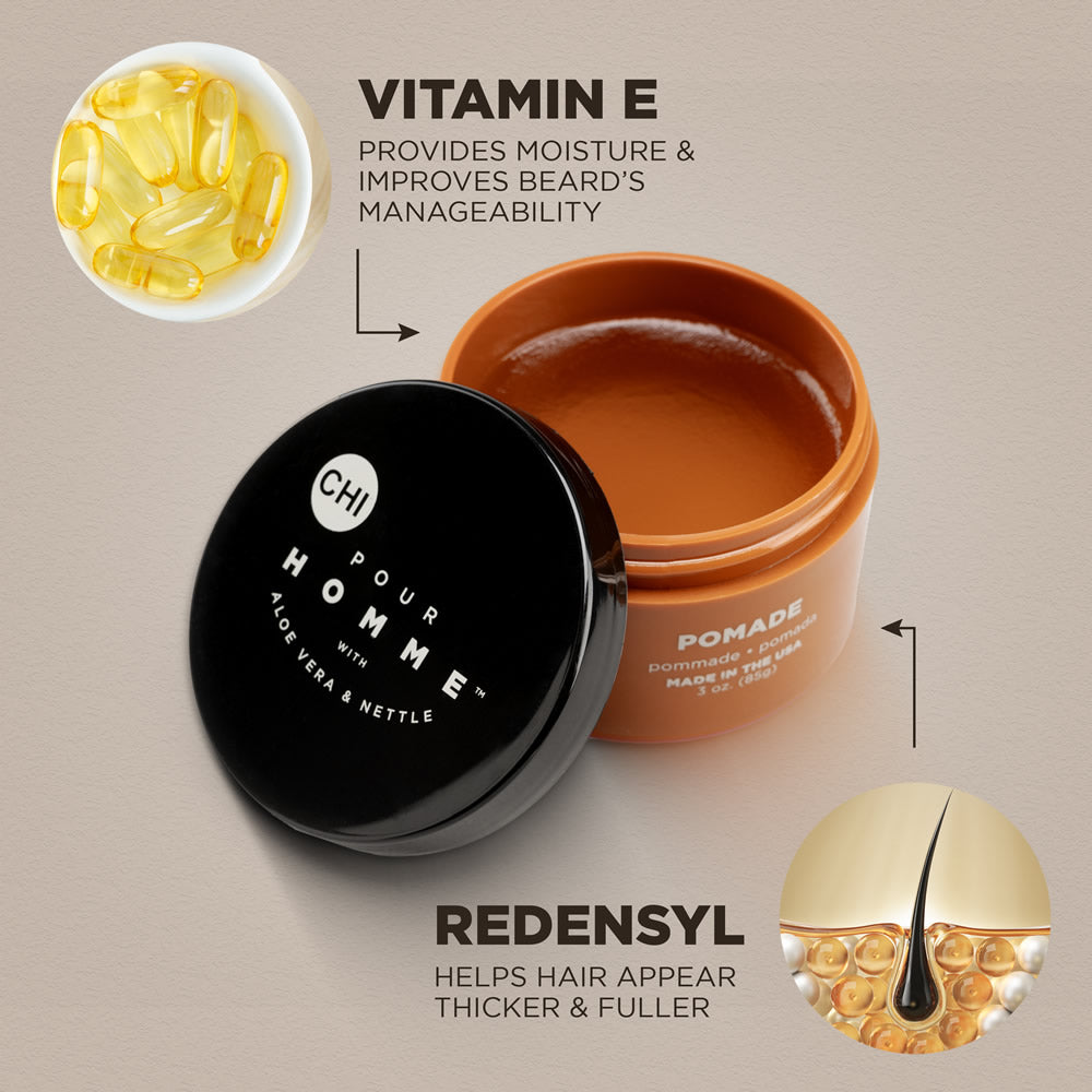 CHI Pour Homme Pomade 3oz — product features and ingredients graphic