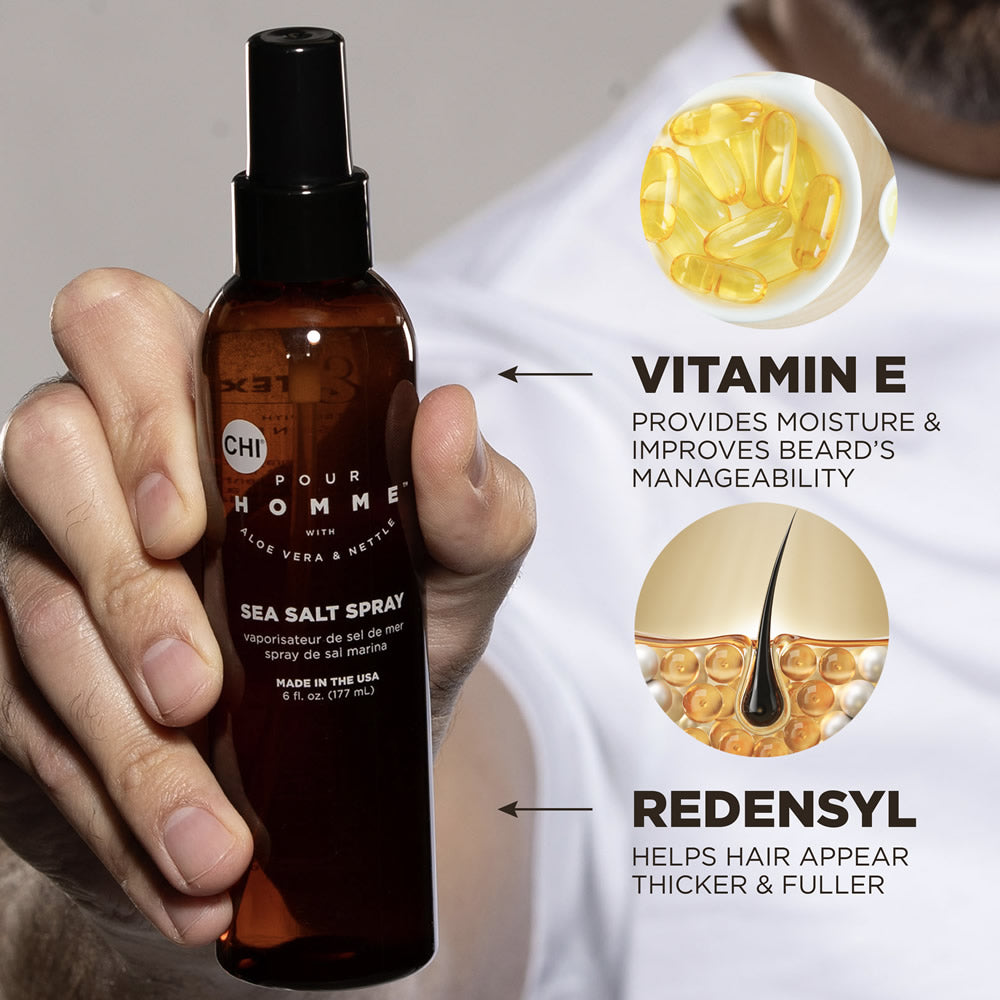 CHI Pour Homme Sea Salt Spray 6oz — product features and ingredients graphic
