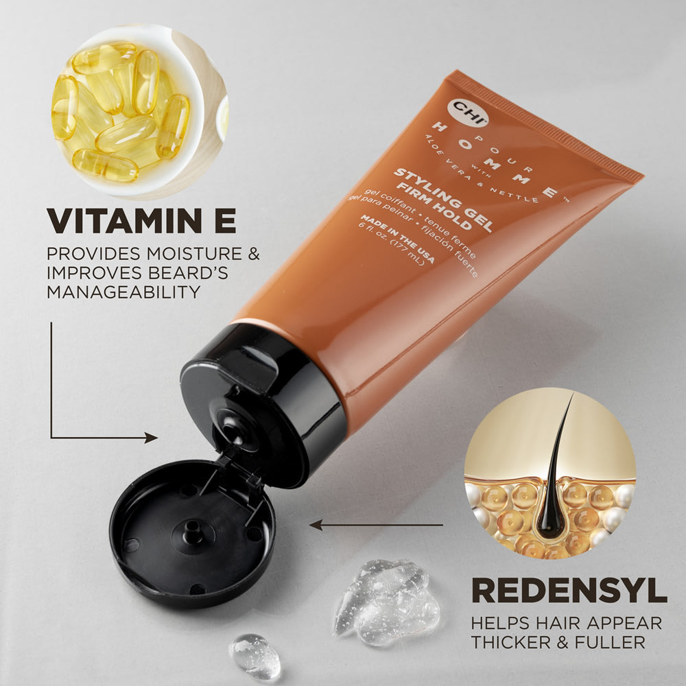 CHI Pour Homme Styling Gel 6oz — product features and ingredients graphic